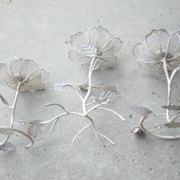 Set of 3 Weathered Rustic Cottage Shabby Chic Metal Flower Votive Candle Holders - Picture 9 of 12